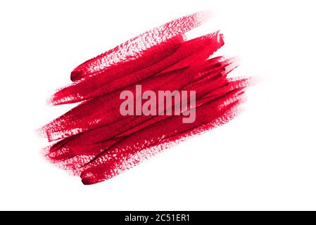 Red brush strokes painted with acrylic paints isolated on a white background. Bright textured abstract blood color strokes Stock Photo