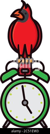Cardinal bird on classic alarm clock isolated vector illustration. Early Bird Concept. Stock Vector