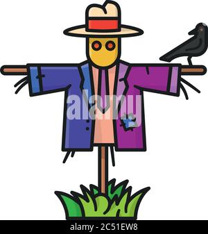 Scarecrow with crow on arm isolated vector illustration for Build A Scarecrow Day on July 5th. Stock Vector