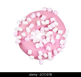 Pink strawberry donut with marshmallows. doughnut isolated on white. Clipping path Stock Photo