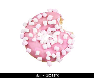 pink glazed bitten round donut with marshmallows sprinkles isolated on white background. Top view. Clipping path Stock Photo