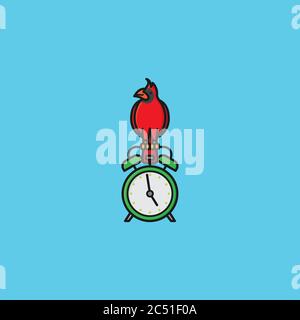 Cardinal bird on classic alarm clock vector illustration. Early Bird Concept. Stock Vector