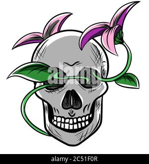 vector cartoon human skull with beautiful flower Stock Vector