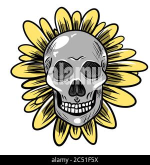 vector cartoon human skull with beautiful flower Stock Vector