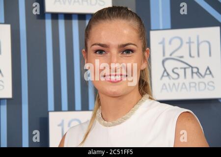 Bridget Abbott (Prime Minister Tony Abbott’s daughter) arrives on the red carpet for the 12th annual ASTRA awards at The Carriageworks in Sydney. Stock Photo