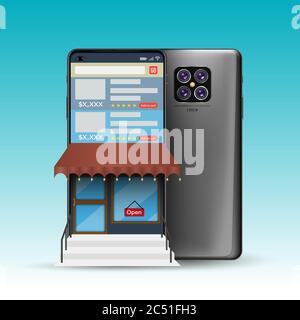 3D smartphone front back with shop perspective vector illustration concept for online shopping on websites or mobile applications concepts of digital Stock Vector