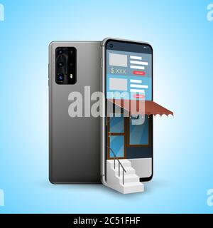3D smartphone front back with shop perspective vector illustration concept for online shopping on websites or mobile applications concepts of digital Stock Vector