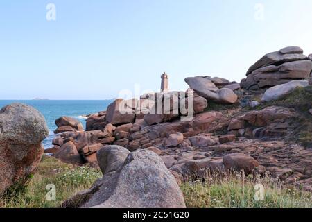 Ploumanac'h Lighthouse - Mean Ruz Lighthouse - active lighthouse in Perros-Guirec, Cotes-d'Armor, Brittany, France Stock Photo