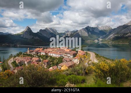 Panoramic view of the town of Riaño, Leon, Spain. Stock Photo