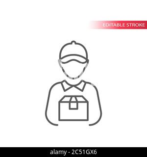 Delivery boy or man thin line vector icon. Courier with box outline icon, editable stroke. Stock Vector