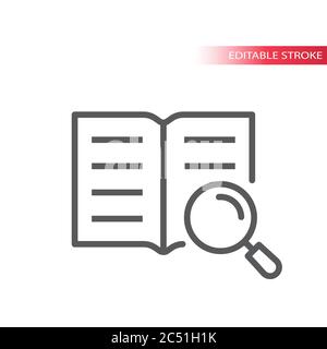 Open book and magnifying glass or magnifier vector icon. Manual, instruction outline icon, editable stroke. Stock Vector