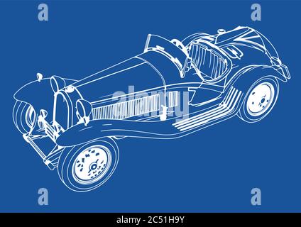 drawing of a vintage sports car blue background vector Stock Vector