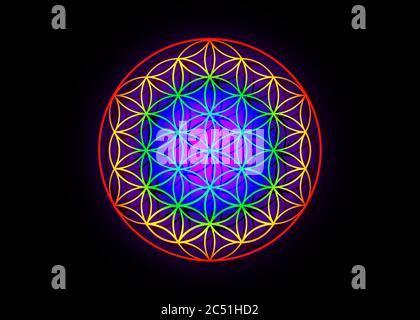 Flower of Life, Yantra Mandala, Sacred Geometry. Bright glowing rainbow colored symbol of harmony and balance. Vector isolated on black background Stock Vector