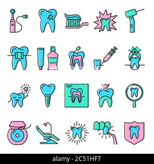 Stomatology and orthodontics icon set in line style with color. Dental care and treatment symbols. Vector illustration. Stock Vector