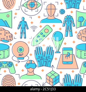 Colorful virtual reality seamless pattern in line style. Modern computer technology symbols wallpaper. Vector illustration. Stock Vector