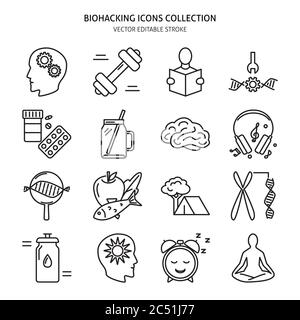 Biohacking icons set in line style. Health improvement concept symbols. Vector illustration with editable stroke. Stock Vector