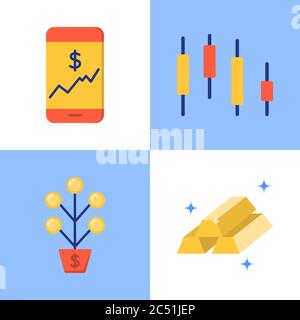 Stock market icon set in flat style. Smartphone with graph, candlestick chart, money tree and gold bar symbols. Financial vector illustration. Stock Vector