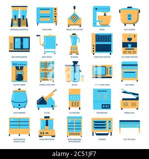 Restaurant kitchen equipment icon set in flat style. Commercial cooking appliances symbols collection. Vector illustration. Stock Vector