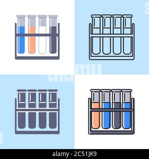 Rack with test tubes icon set in flat and line styles. Scientific laboratory equipment symbol. Vector illustration. Stock Vector