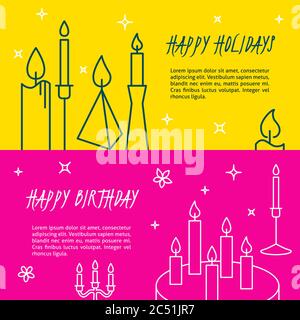 Happy holidays flyer templates in line style with place for text. Bright banners with candles and cake. Happy birthday concept. Vector illustration. Stock Vector