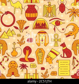 Egypt seamless pattern in colored line style. Repeating background with traditional country symbols. Vector illustration. Stock Vector
