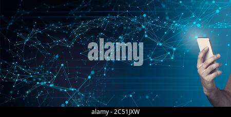 Modern technologies and global connections. Man holding smartphone and polygonal network collage, copy space Stock Photo
