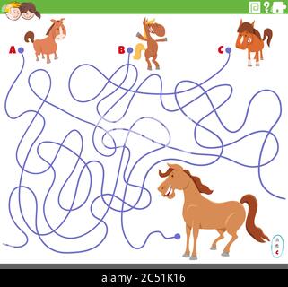 Cartoon Illustration of Lines Maze Puzzle Game with Comic Colts and Mare Horse Stock Vector