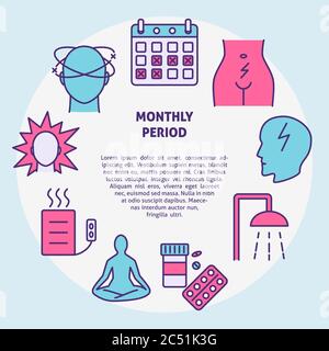 Menstruation round concept banner in line style with place for text. Menstrual monthly period symptoms and treatment symbols. Medical vector illustrat Stock Vector