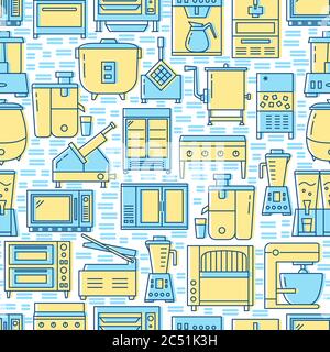 Professional kitchen equipment seamless pattern in line style. Restaurant or cafe appliances wallpaper. Vector illustration. Stock Vector