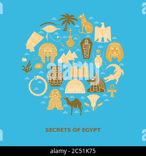 Round banner with Egypt icons in flat style. Eagle national symbol, pharaoh head, Sphinx and pyramids. Vector illustration with place for text. Stock Vector