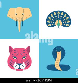 India sacred animals icons set in flat style. Elephant, cobra snake, peacock and tiger symbols. Vector illustration. Stock Vector