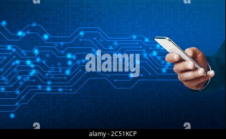Technologies and innovations. Collage with businessman holding smartphone and electric circuit lines, copy space Stock Photo