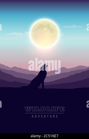 wildlife adventure wolf in the wilderness howling to the full moon vector illustration EPS10 Stock Vector