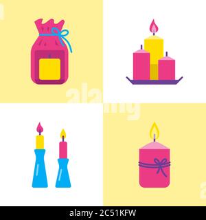 Bright candle icons set in flat style. Light source with burning flame symbols. Home interior decor. Vector illustration. Stock Vector