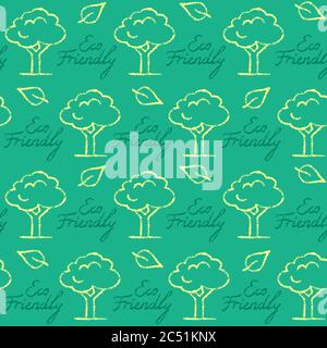 Green seamless pattern with Eco Friendly lettering and tree icons. Ecology themed repeating texture. Stock Vector