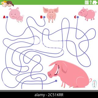 Cartoon Illustration of Lines Maze Puzzle Game with Piglets and Pig Stock Vector