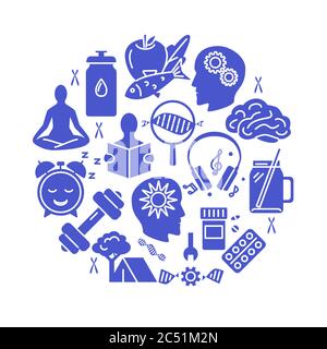 Biohacking round concept banner with silhouette icons in flat style. DIY biology theme poster. Vector illustration. Stock Vector
