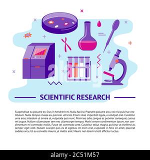 Medical research banner or poster template in flat style. Scientific laboratory equipment symbols. Medicine poster illustration with place for text. Stock Vector
