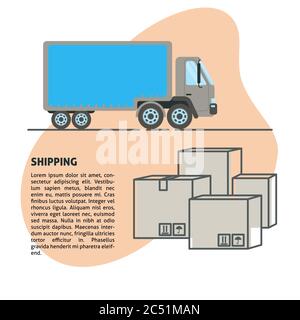 Shipping and delivery banner template in flat style. Truck with boxes. Transportation concept symbols. Trucking services illustration with place for t Stock Vector