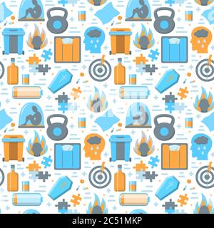 Seamless pattern with depression symptoms icons on white background. Repeating background with mental disorder symbols. Stock Vector