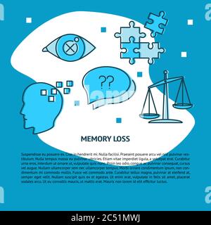 Memory loss concept banner or poster template in line style with place for text. Neurological problem illustration with symptoms icons. Stock Vector