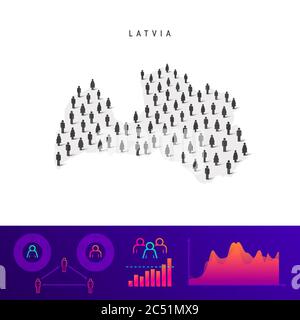 Latvian people map. Detailed vector silhouette. Mixed crowd of men and women icons. Population infographic elements. Vector illustration isolated on w Stock Vector