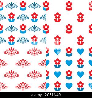 Scandinavian folk art vector seamless design set of four - decorative patterns with flowers and swirls Stock Vector