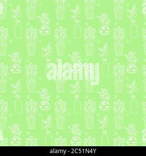 Seamless pattern with cute hand-made white drawings of house plants in pots, flowers tulips on a green background. Vector collection of doodle plants Stock Vector