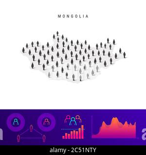 Mongolia people map. Detailed vector silhouette. Mixed crowd of men and women icons. Population infographic elements. Vector illustration isolated on Stock Vector