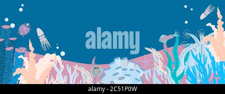 Algae oceanic drawing. Floral summer background. Summer banner horizontal design Stock Photo