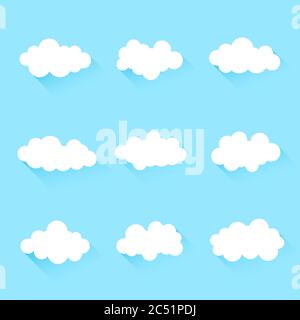 White fluff clouds icon set isolated on blue background vector object Stock Vector