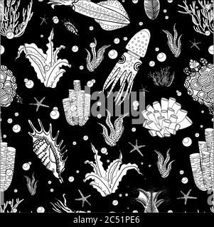 Algae oceanic pattern. Floral summer pattern. Summer design. BLACK BACKGROUND. Stock Vector
