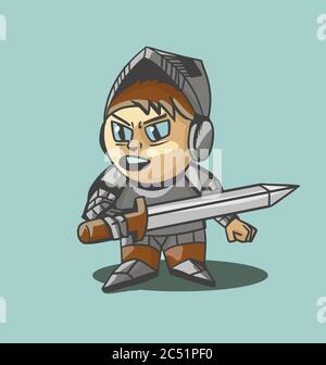 Cute cartoon knight character on blue background Stock Vector