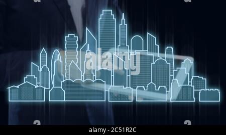 Businessman Using Tablet With Cityscape Hologram Planning Building Project, Collage Stock Photo